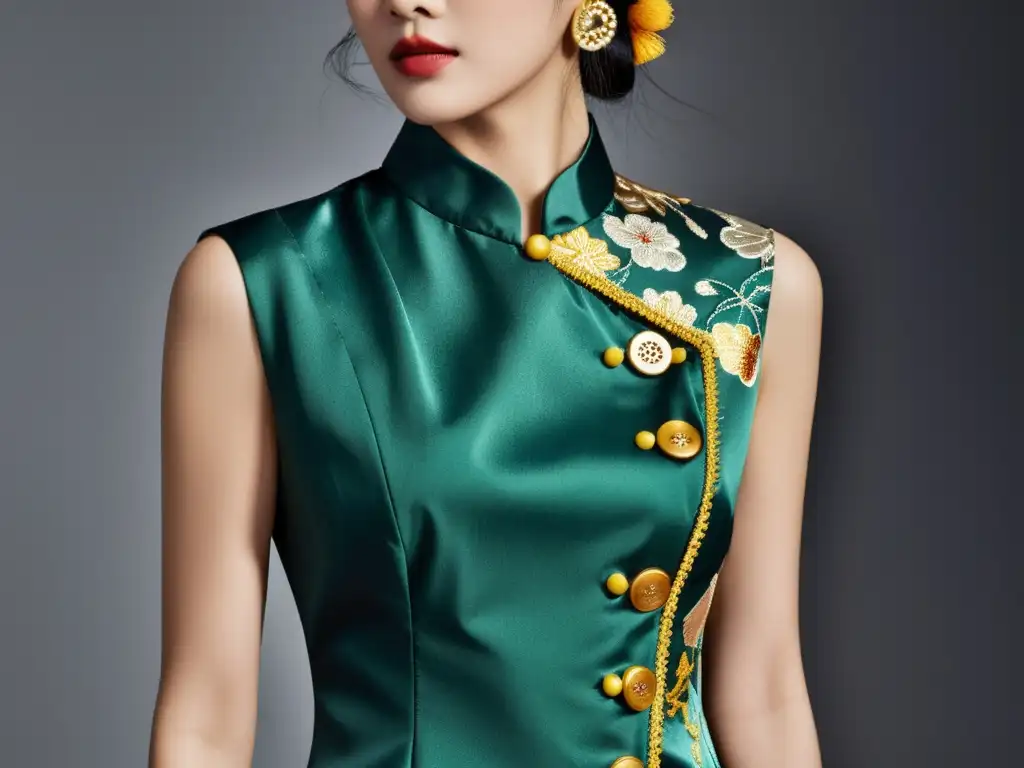 Diseñador de moda occidental incorporando elementos del Cheongsam en un elegante vestido, fusionando influencias de moda oriental y occidental