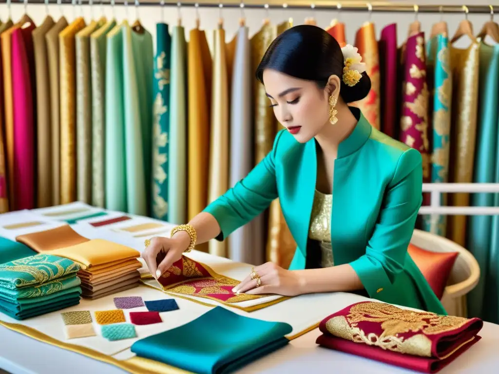 Una diseñadora de moda asiática seleccionando meticulosamente telas en un atelier luminoso, inspirado en el significado de colores en moda asiática