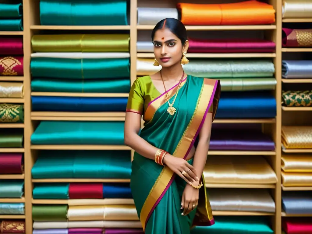 Una diseñadora de moda de lujo en Sri Lanka muestra un sari de seda tejido a mano en tonos vibrantes, con bordados dorados