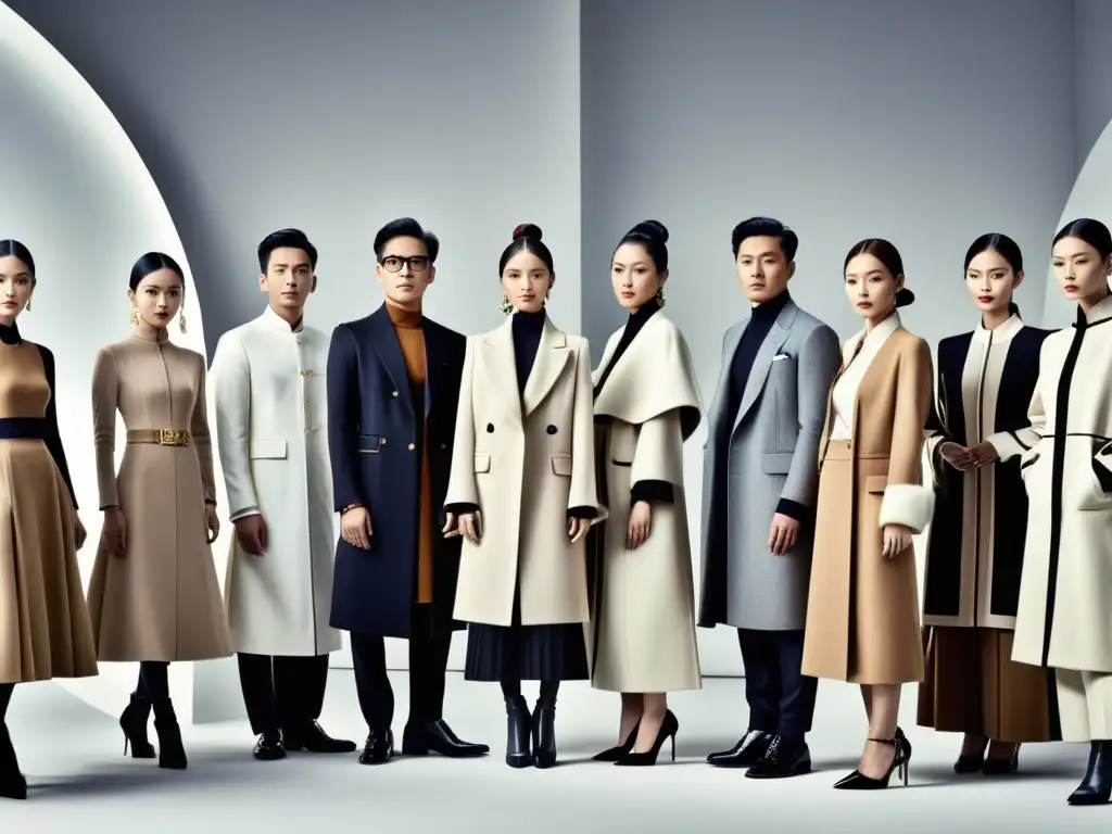 Diseñadores de moda asiáticos: Innovación y elegancia en el estudio Diseñadores asiáticos de moda de lujo colaborando en un estudio minimalista, rodeados de sus creaciones innovadoras y elegantes, fusionando tradición y modernidad