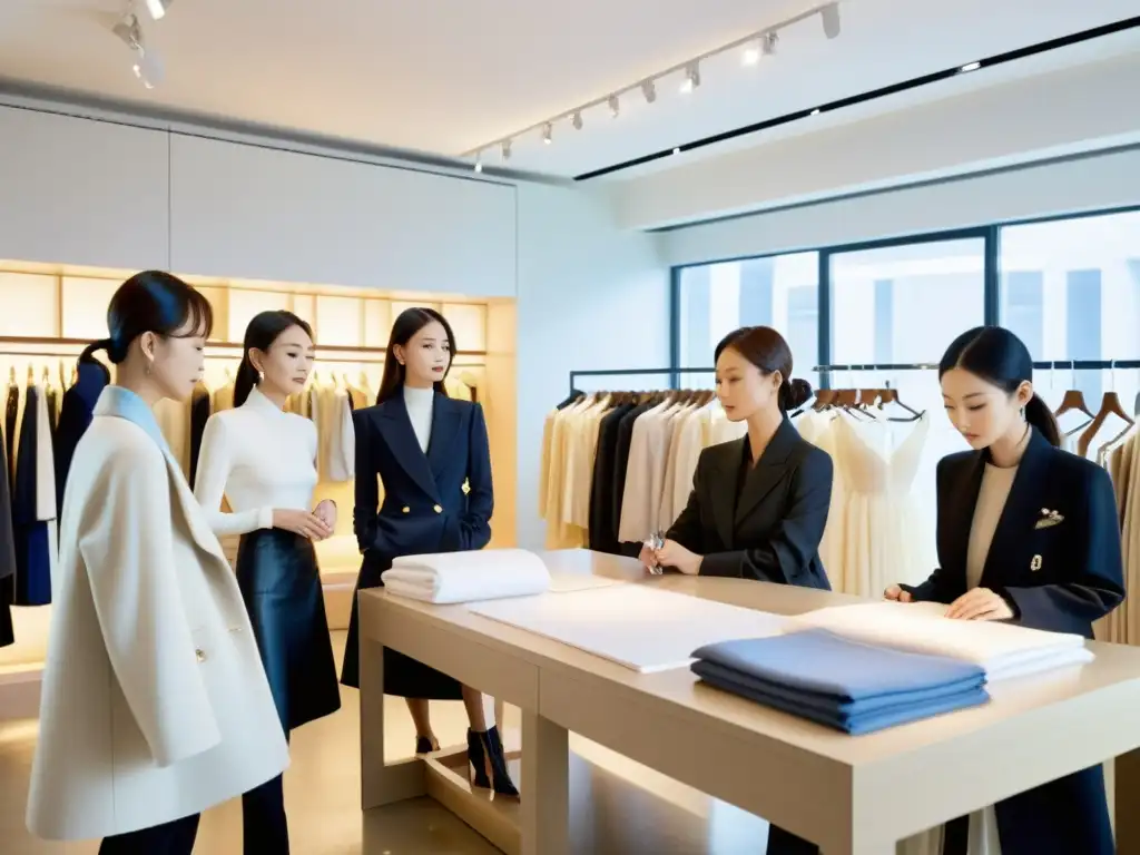 Diseñadores de moda coreana innovadora trabajan en un estudio moderno, rodeados de prendas vanguardistas y bocetos de diseño