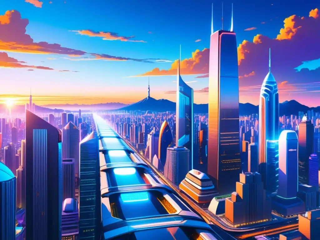 Diseño de escenarios en anime: una ciudad futurista con rascacielos, calles llenas de tecnología y un atardecer vibrante