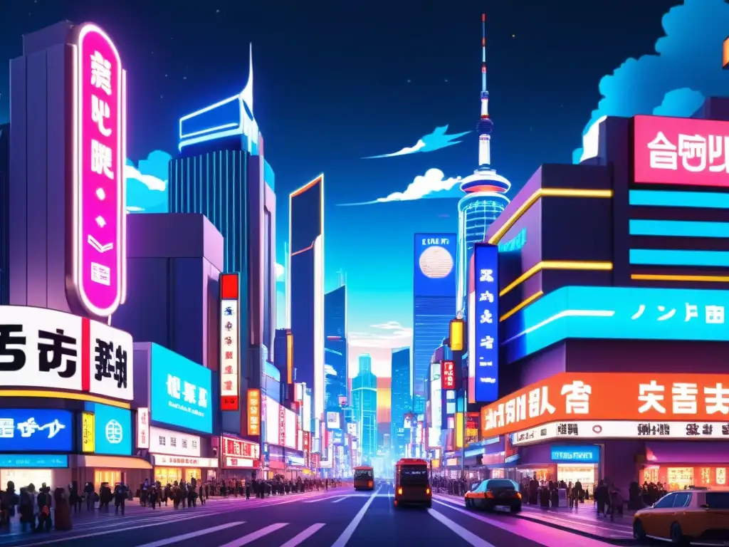 Diseño de escenarios en anime: Ciudad futurista llena de vida con rascacielos, neones y personajes vibrantes