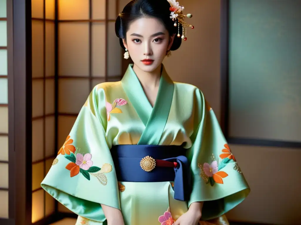 Diseño de moda de lujo asiático: Creación artesanal de un kimono de seda tradicional con detalles exquisitos y vibrantes colores, en un lujoso atelier