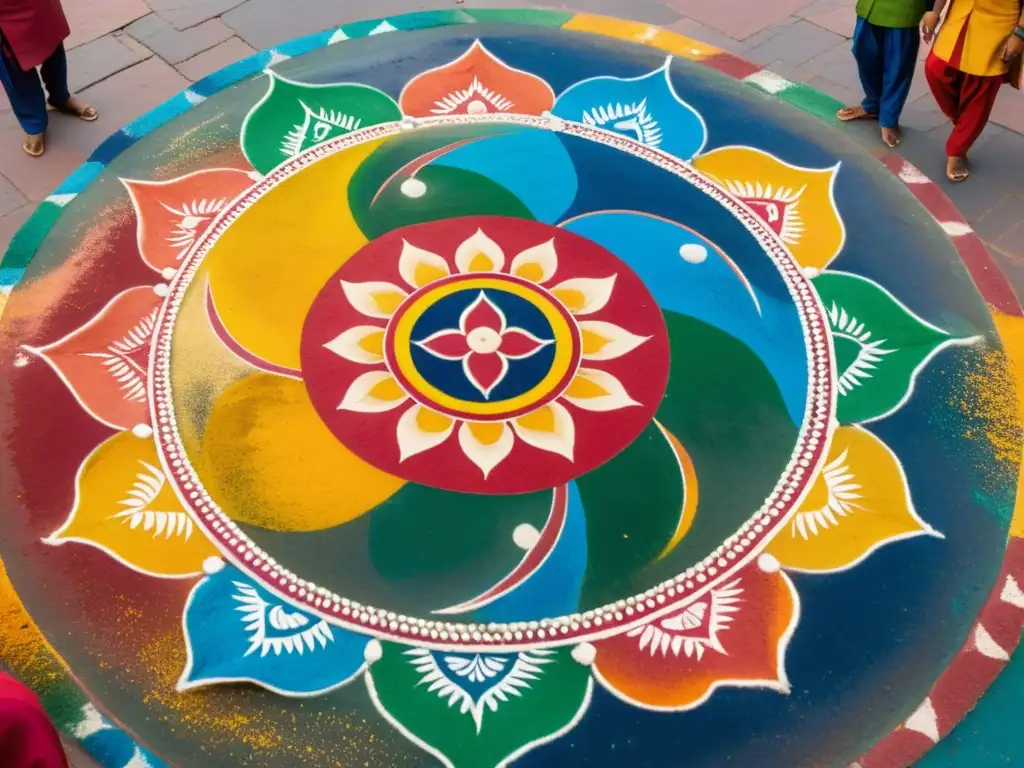 Un diseño de rangoli colorido y detallado frente a un templo hindú, con devotos participando en una ceremonia