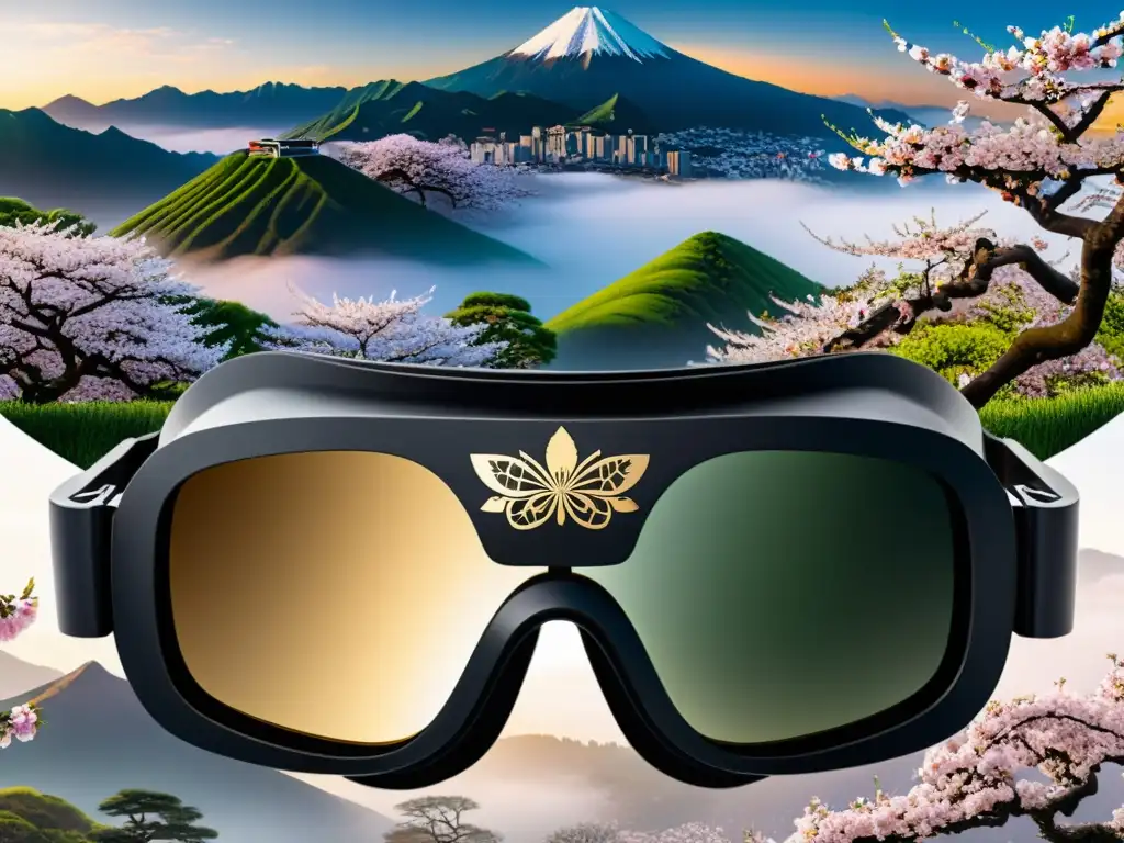 Diseños de gafas de realidad virtual asiática: Detalles intrincados en gafas negras con diseño asiático, sobre un paisaje tradicional asiático