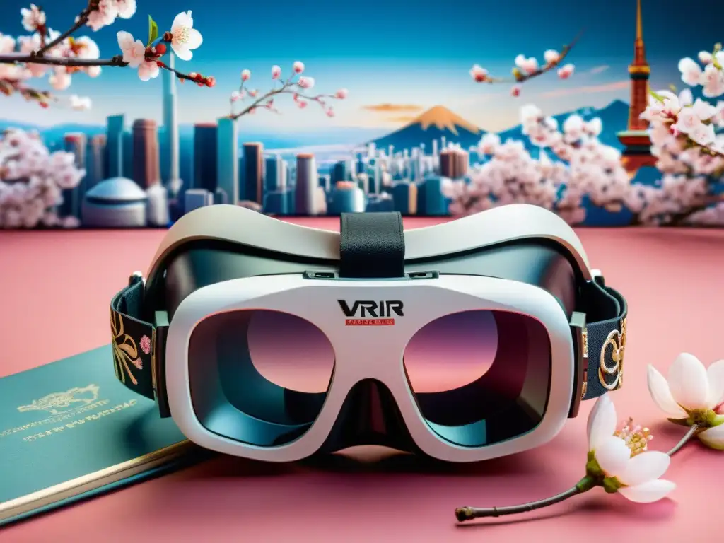 Diseños de gafas de realidad virtual asiática con motivos de cerezo y caligrafía, fusionando tradición y modernidad en un paisaje futurista