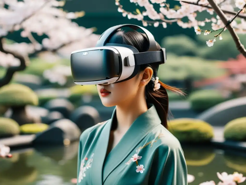 Diseños de gafas de realidad virtual asiática en un entorno japonés con motivos de cerezo y caligrafía elegante, fusionando tradición e innovación