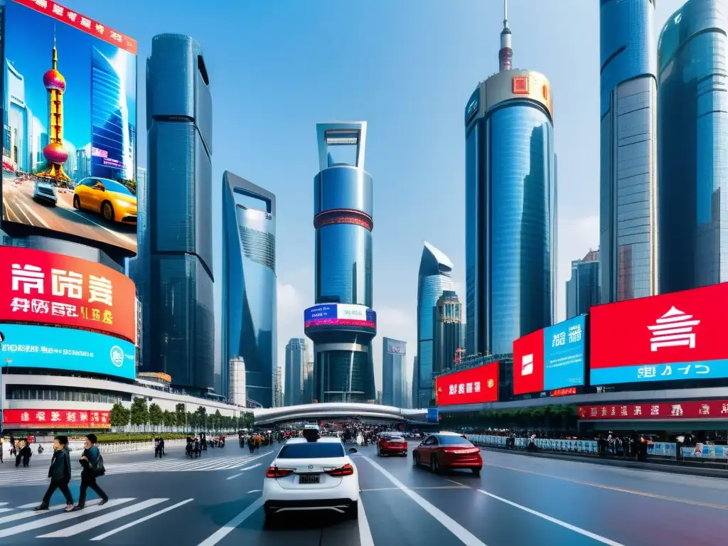 Distrito tecnológico bullicioso en una gran ciudad china, con rascacielos y tecnología futurista