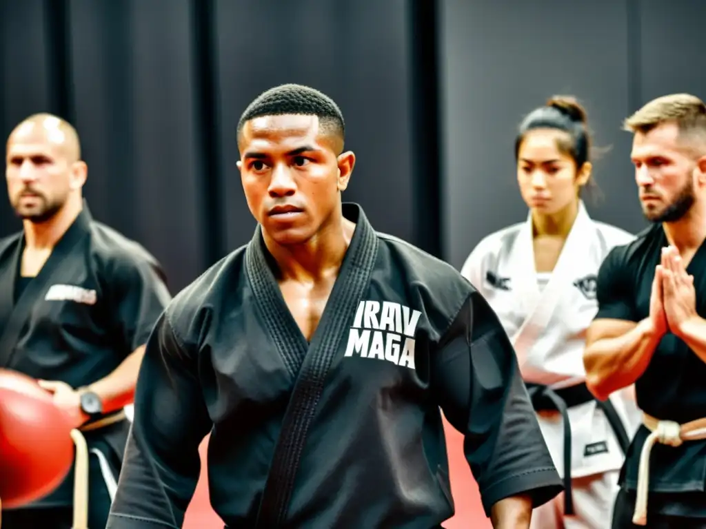 Diversidad de artes marciales en un dojo, con un practicante de Krav Maga demostrando una técnica