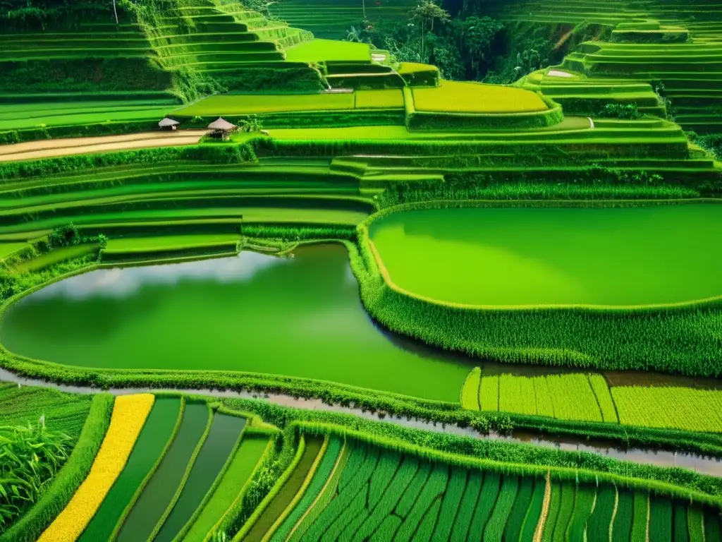 Diversidad de cultivos en Asia: Vista aérea de cautivadores campos de arroz en terrazas en Bali, Indonesia, donde agricultores trabajan en un paisaje verde exuberante