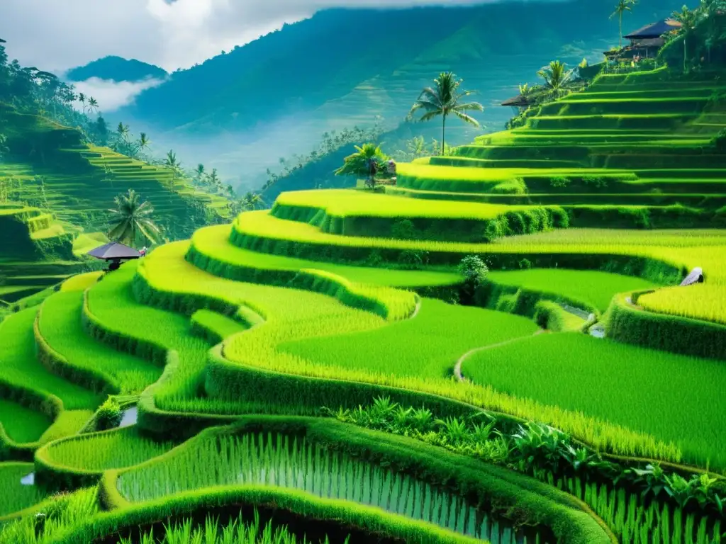 Diversidad de cultivos en Asia: Agricultor local cuida de arrozales verdes en las montañas de Bali, Indonesia, con técnicas tradicionales