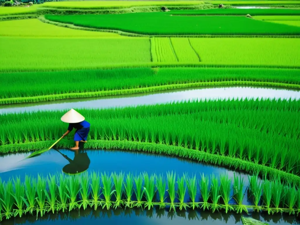 Diversidad de cultivos en Asia: Agricultores cuidando un exuberante arrozal bajo un cielo azul intenso, reflejándose en el agua quieta