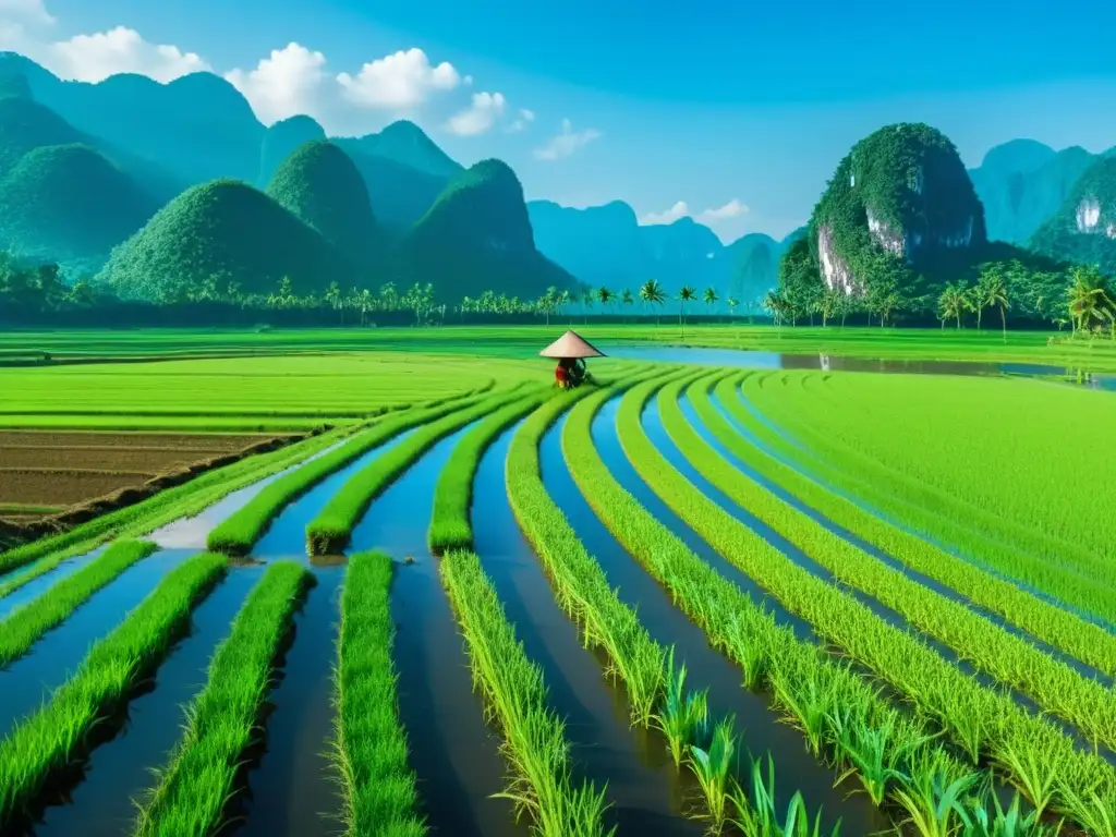 Diversidad de cultivos en Asia: Paisaje de arrozales verdosos bajo cielo azul, montañas al fondo y granjas con sombreros cónicos