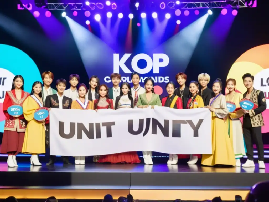 Diversidad cultural en KPop: Artistas de diferentes etnias visten trajes tradicionales, unidos en el escenario, rodeados de fans que celebran la diversidad con mensajes de unidad