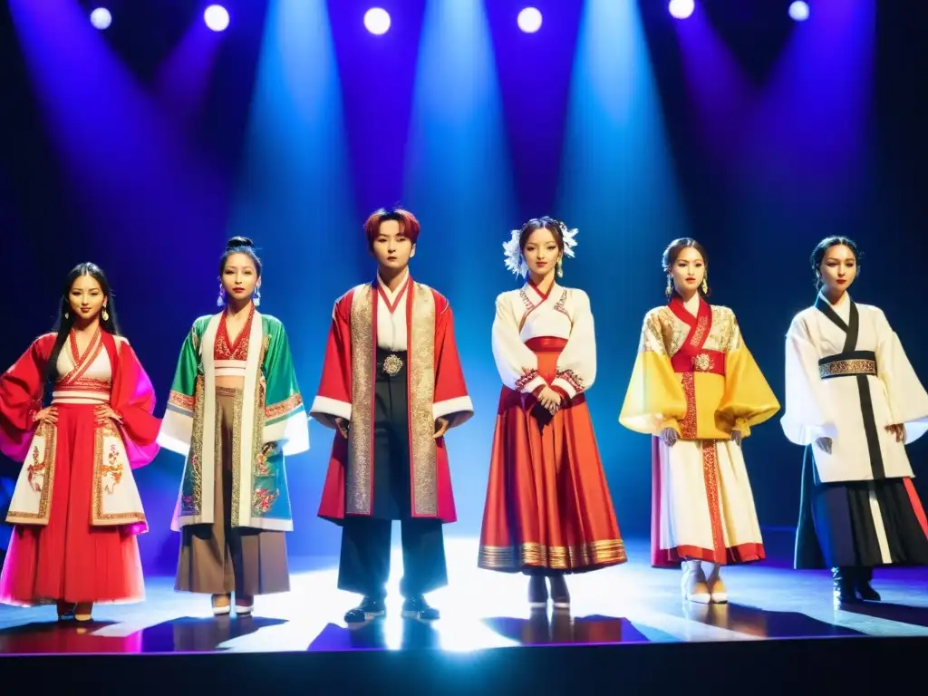 Diversidad cultural en Kpop: Artistas de diferentes países visten trajes tradicionales en un escenario, mostrando unidad y riqueza cultural