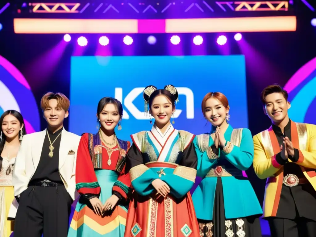 Diversidad cultural en KPop: Ídolos con atuendos tradicionales de diferentes culturas, sonrientes en el escenario con fans globales al fondo