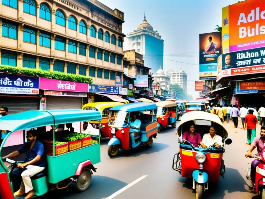 Diversidad cultural representada en cine indio: bulliciosa calle de Mumbai con arquitectura tradicional y moderna, rickshaws, motocicletas y peatones