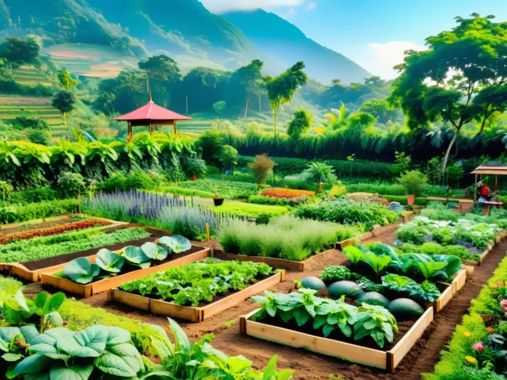 Jardín de permacultura en Asia, con diversidad de plantas y personas trabajando en armonía con la naturaleza