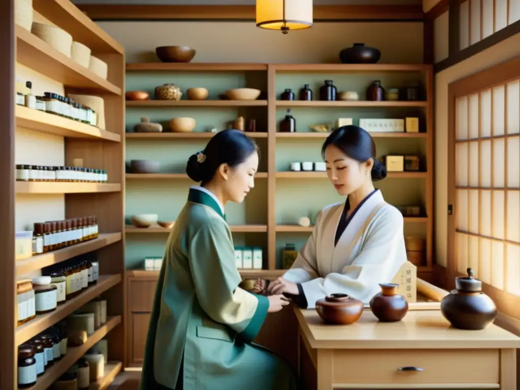 Doctor y paciente en clínica de medicina coreana, rodeados de hierbas y equipo de acupuntura