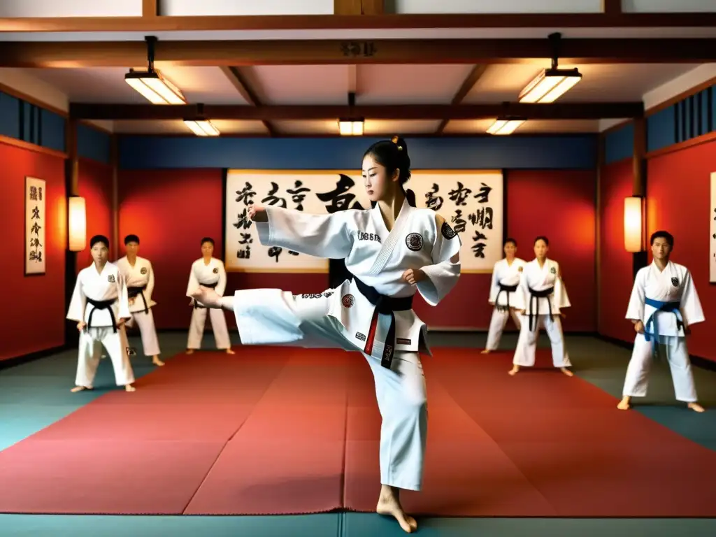 Un dojang de Taekwondo tradicional con estudiantes practicando diversas formas y técnicas, con un maestro instructor demostrando una patada precisa y poderosa