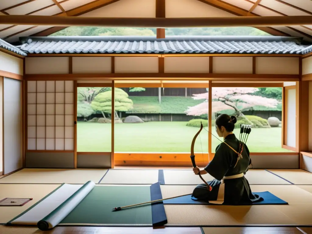 Un dojo de arquería japonés con maestro y estudiantes practicando el arte del Kyudo en el mundo moderno