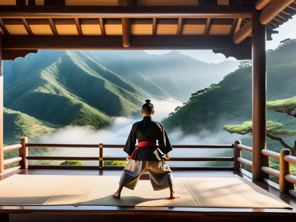 Un dojo de artes marciales antiguo en medio de una cordillera cubierta por la niebla, donde los artistas marciales practican técnicas ancestrales