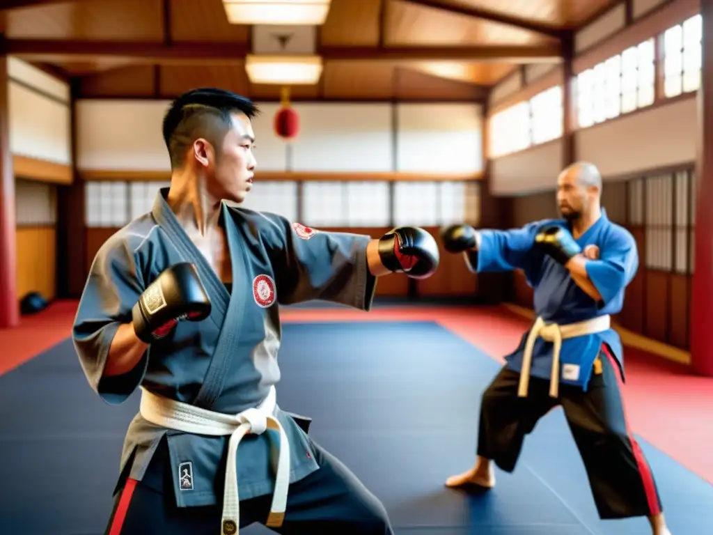 Un dojo de artes marciales asiáticas tradicionales con luchadores de MMA en Asia, fusionando tradición y vanguardia en un ambiente cálido y auténtico