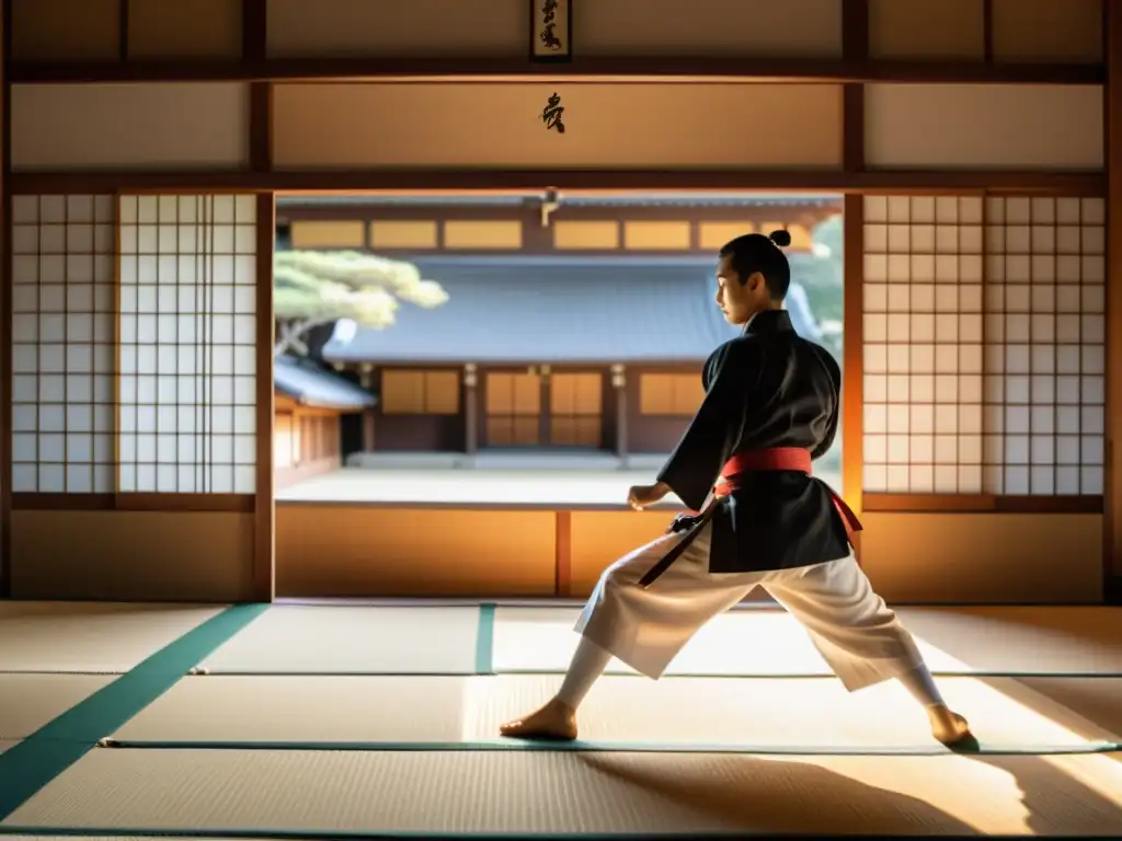 Un dojo de artes marciales en Japón con estudiantes practicando movimientos precisos, reflejando la importancia educativa de artes marciales en Asia