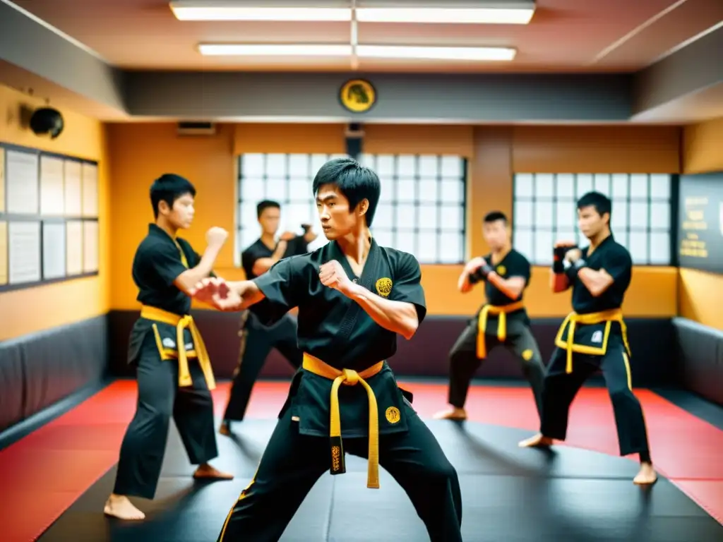 Un dojo de artes marciales con iluminación suave muestra a estudiantes practicando técnicas de Jeet Kune Do bajo la guía de un instructor