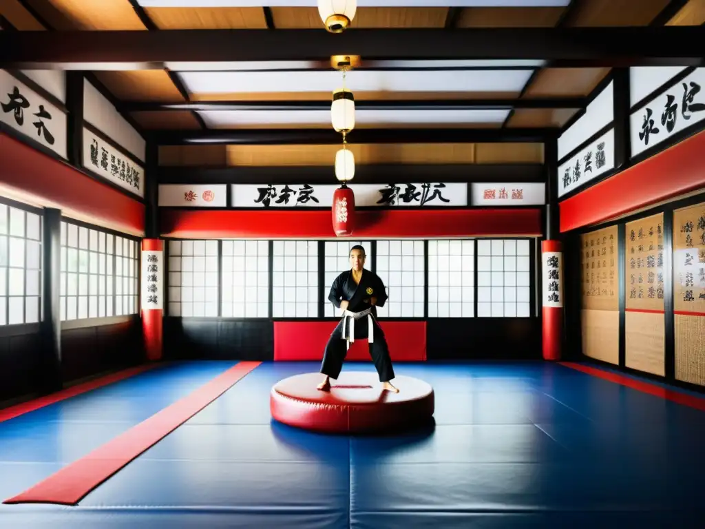 Un dojo de artes marciales en Asia, fusionando tradición y vanguardia del MMA en Asia con equipamiento tradicional y moderno