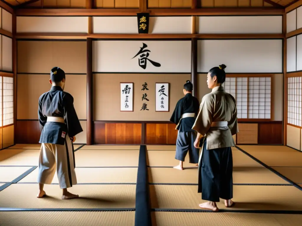 En un dojo japonés, practicantes de artes marciales se entrenan con disciplina y respeto