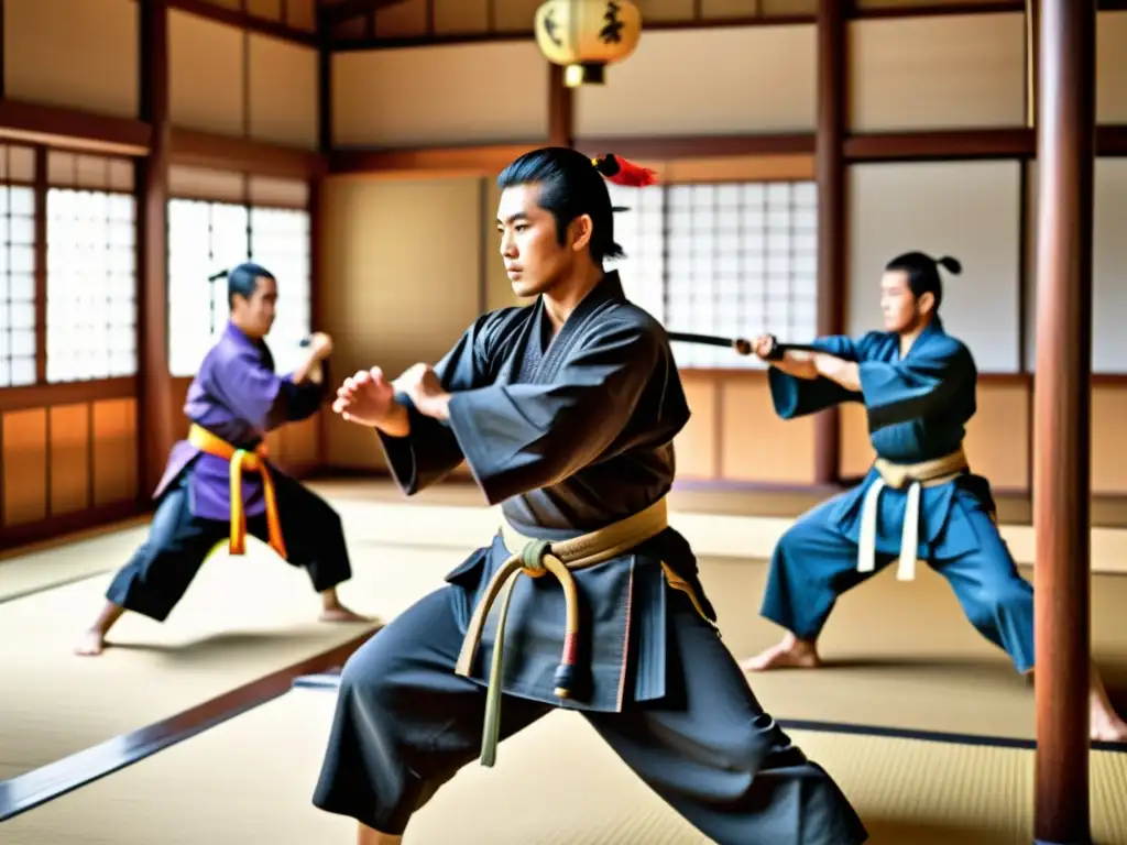 Un dojo japonés tradicional con antiguos guerreros samuráis practicando artes marciales bajo la supervisión de un sensei