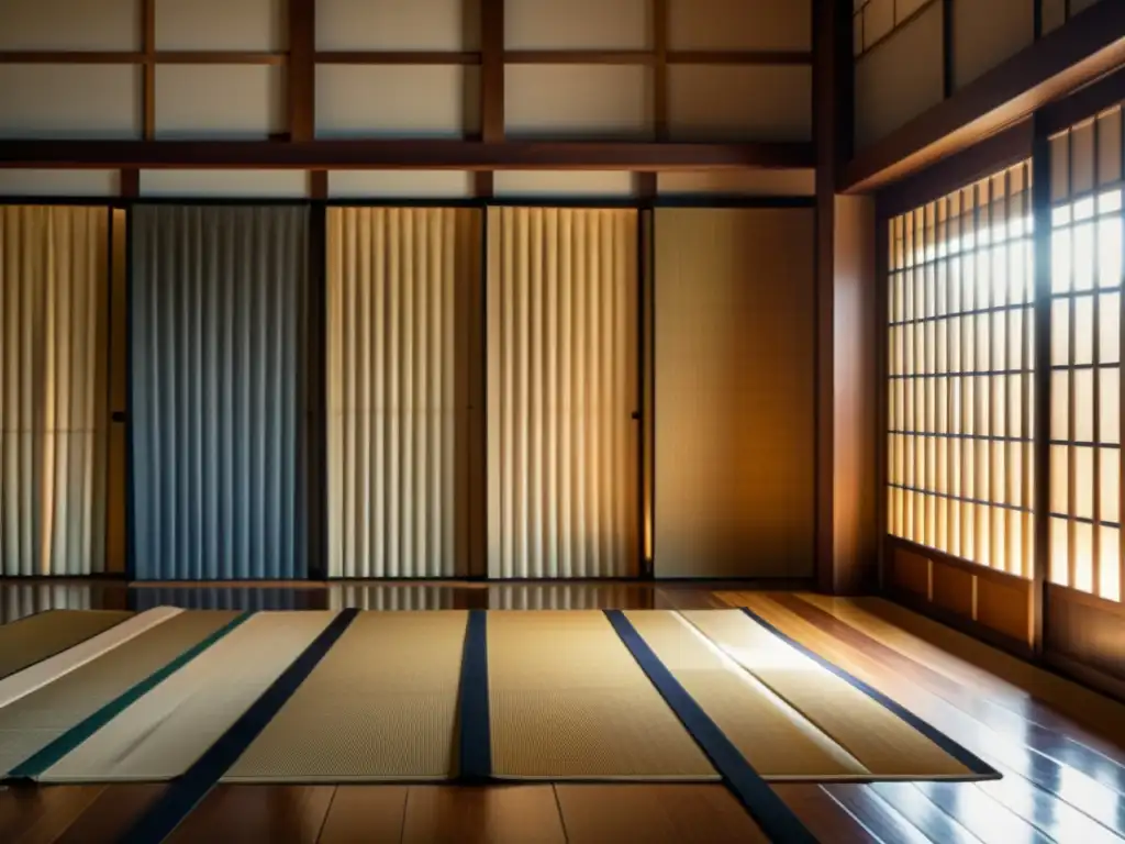 Un dojo japonés tradicional con armaduras y shinai de kendo exhibidos, evocando la ética y estética del Kendo en una atmósfera serena y disciplinada