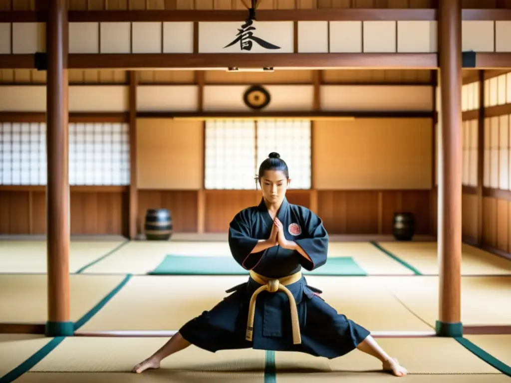 Un dojo japonés tradicional, con un artista marcial demostrando técnicas de espada samurái a estudiantes