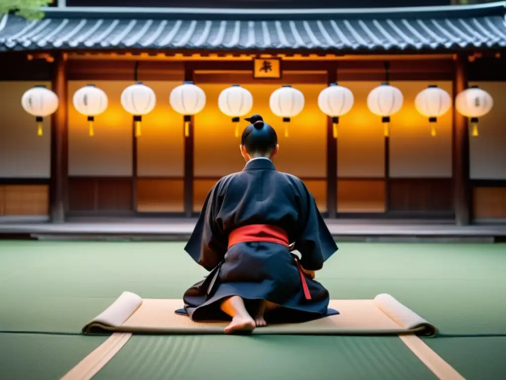 Un dojo japonés tradicional al atardecer, con la suave luz de las linternas iluminando el sereno patio