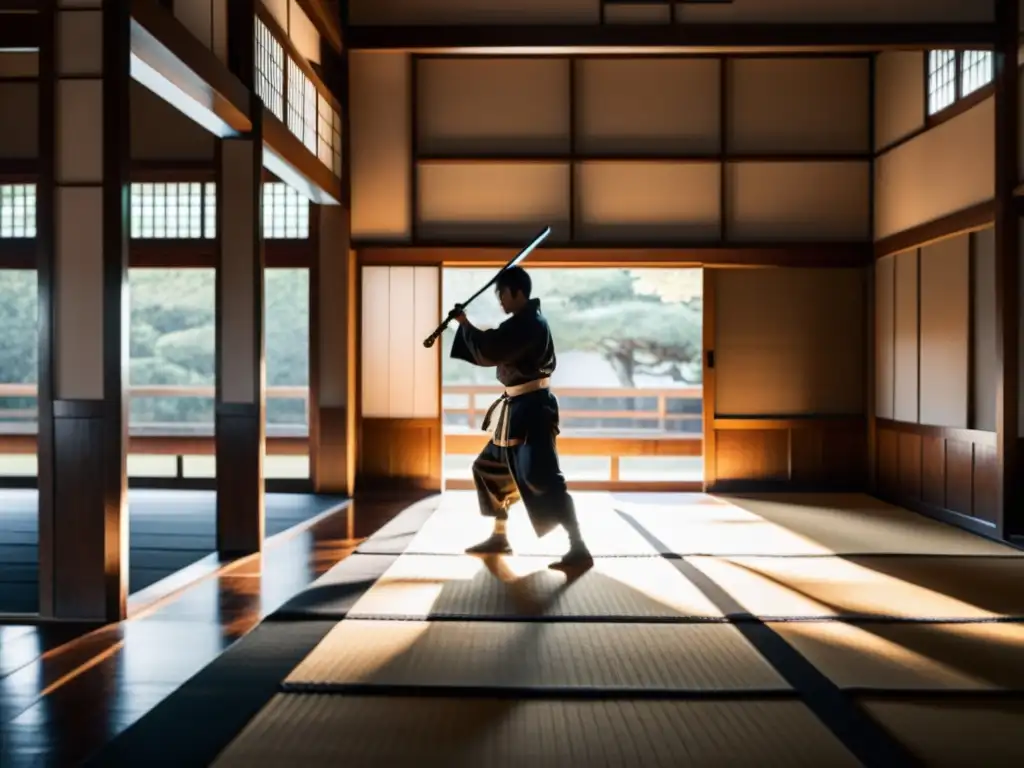 Un dojo japonés tradicional en blanco y negro, con luz solar filtrándose a través de las ventanas, proyectando largas sombras en el suelo de madera