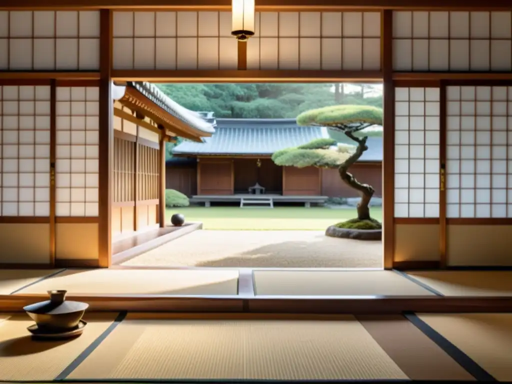 Un dojo japonés tradicional con entrenamiento de ninjutsu, armas antiguas y jardín zen, reflejando la historia y arte del ninjutsu japonés