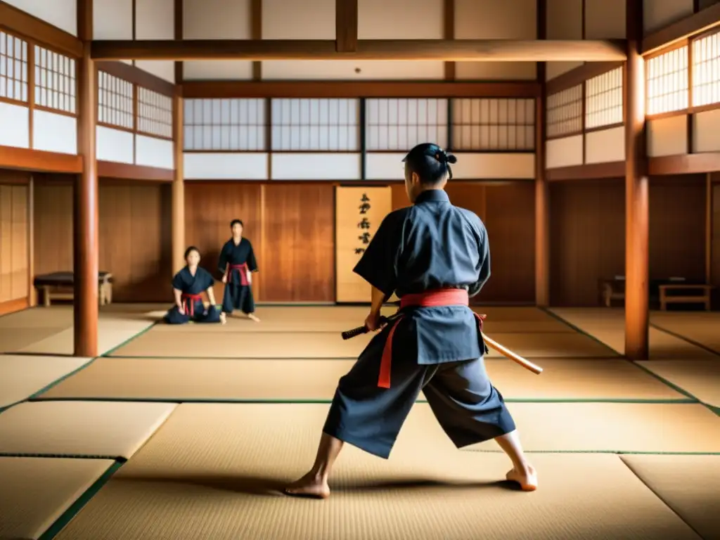 Un dojo japonés tradicional con estudiantes practicando técnicas de artes marciales bajo la guía de un sensei