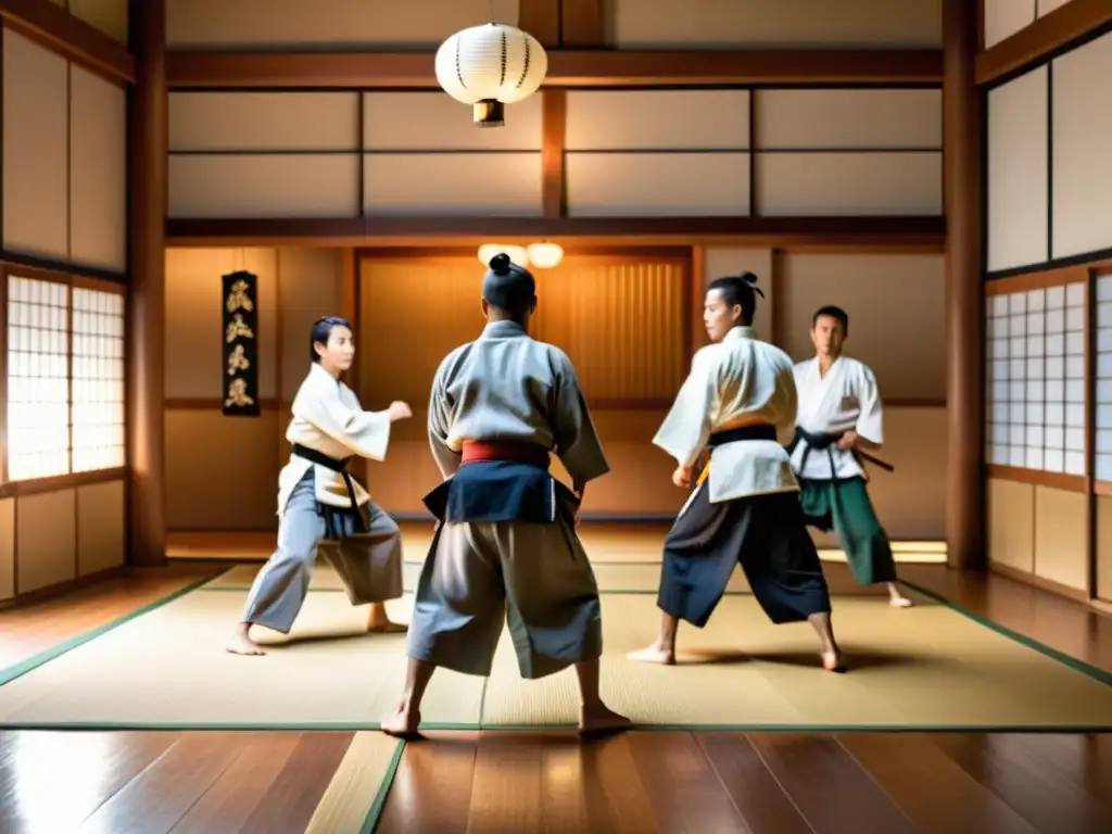 Un dojo japonés tradicional con estudiantes de kenjutsu y el legado samurai en Japón moderno