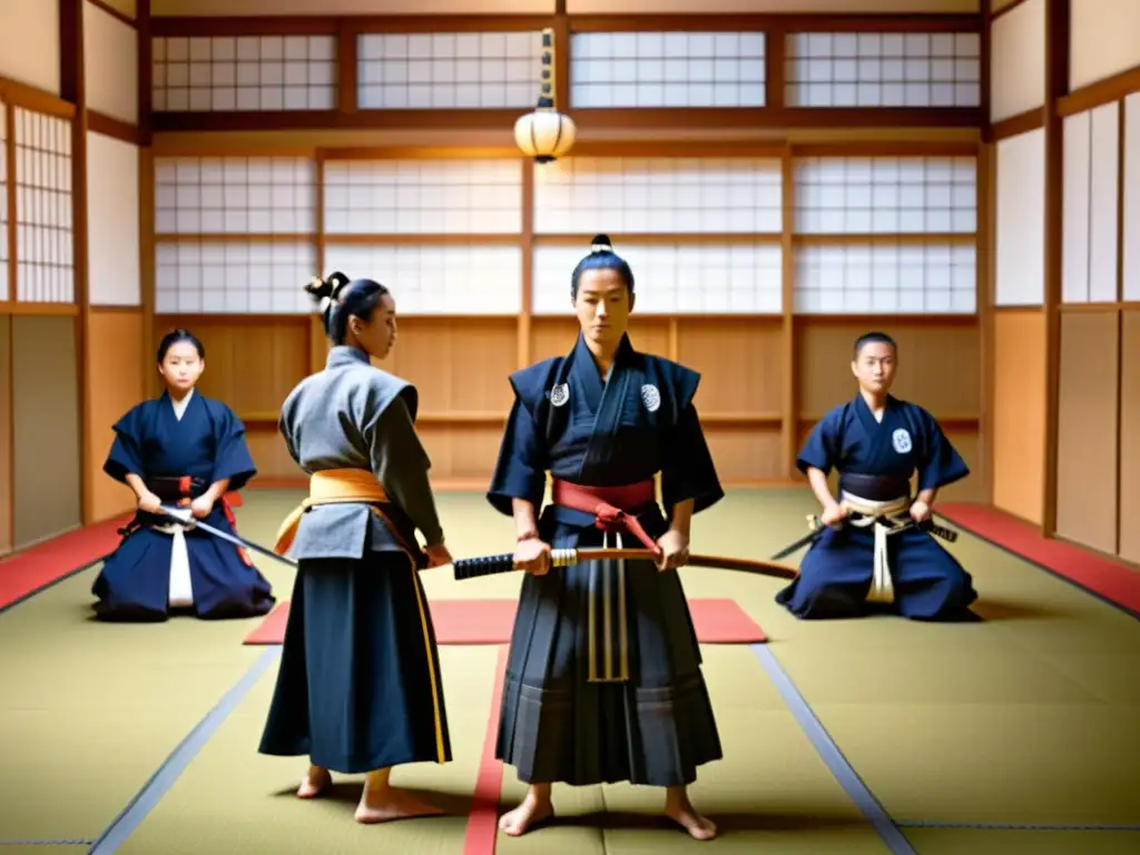 Un dojo japonés tradicional con estudiantes y sensei practicando Kendo, mostrando la ética y estética del Kendo en un ambiente sereno y poderoso