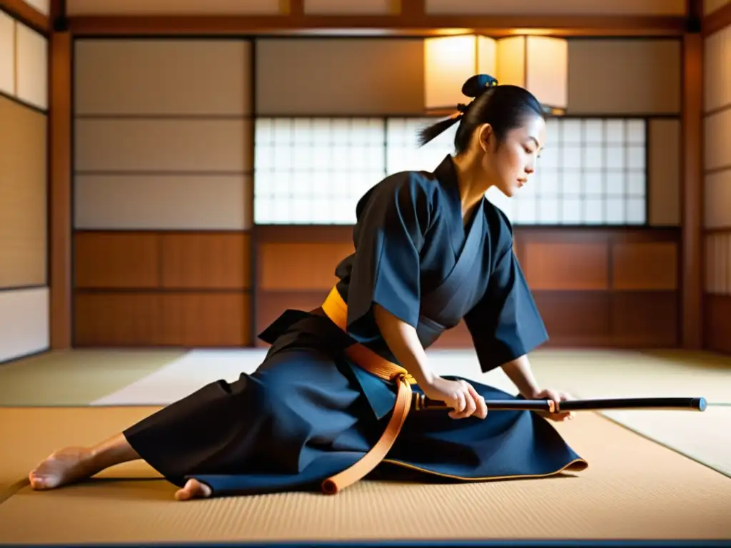 Un dojo japonés tradicional muestra la gracia de un practicante ejecutando una kata de Iaido, con kimono y patrones tradicionales