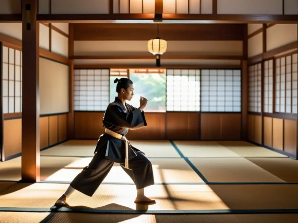 Un dojo japonés tradicional iluminado por la luz del sol, con estudiantes practicando artes marciales bajo la atenta mirada de un sensei sabio