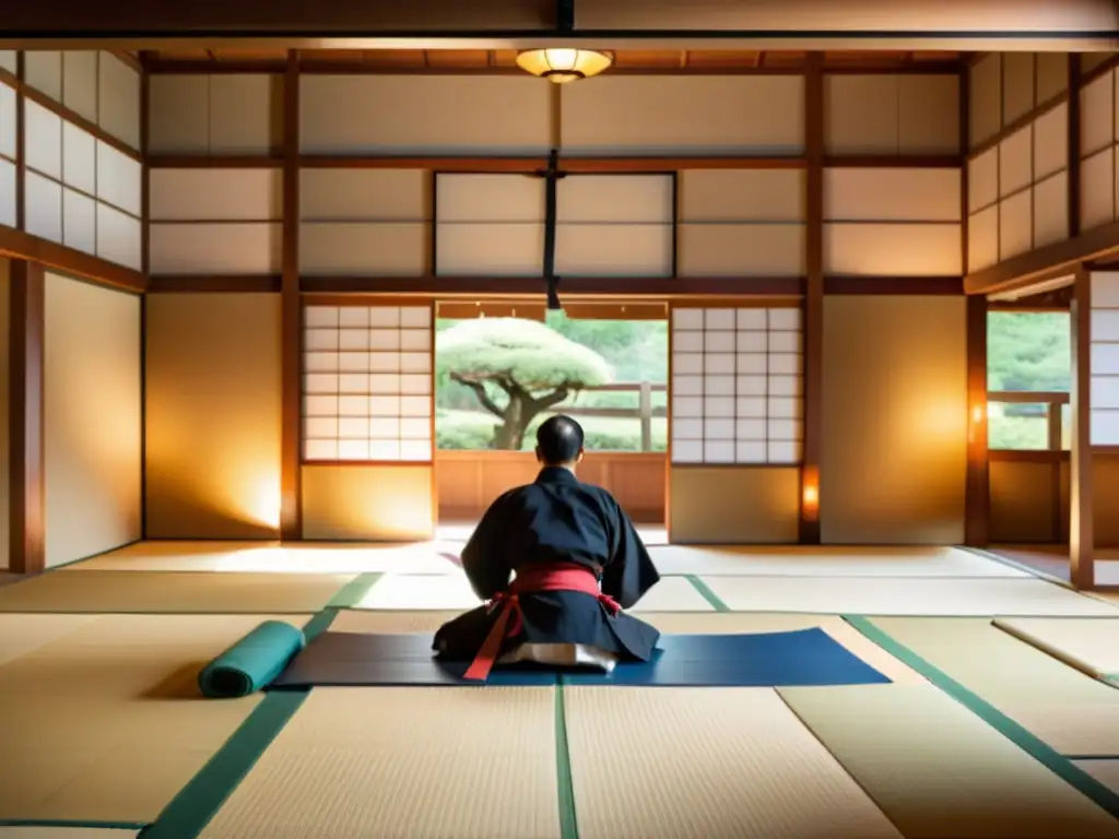 Un dojo japonés tradicional iluminado por luz natural, con practicantes de artes marciales y un sensei enseñando técnicas