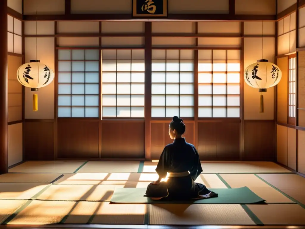 Un dojo japonés tradicional al amanecer, con luz solar filtrándose por las ventanas de madera, iluminando los tatamis