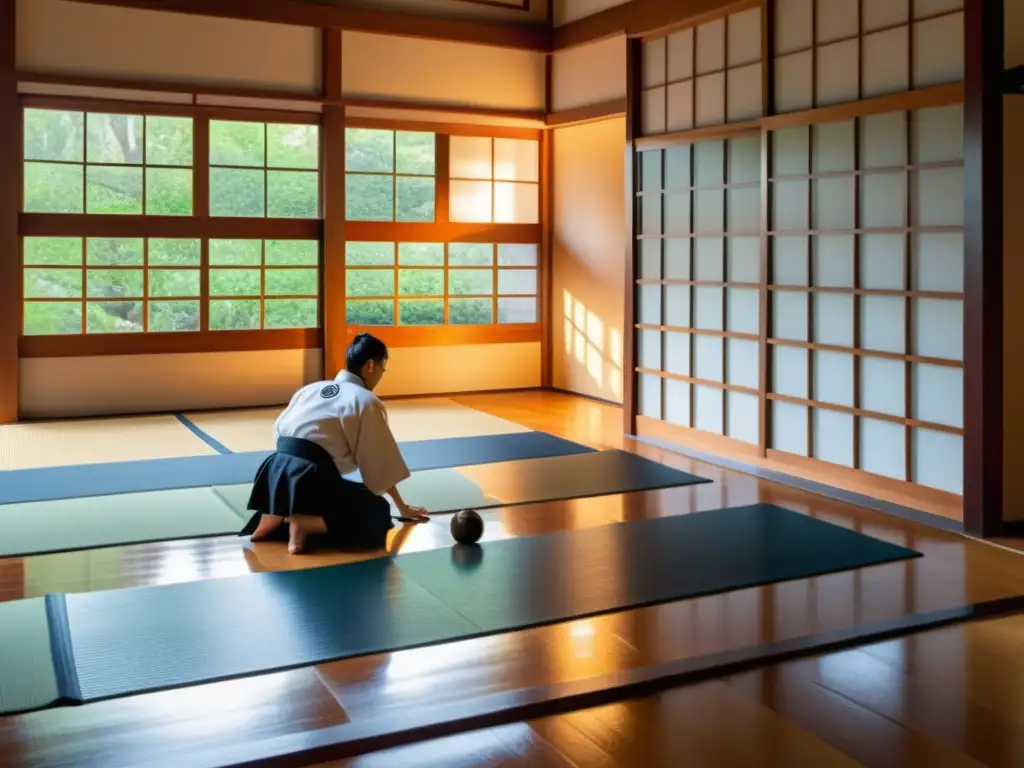 'Un dojo japonés tradicional con luz solar que filtra a través de las ventanas de celosía, creando patrones en el suelo de madera