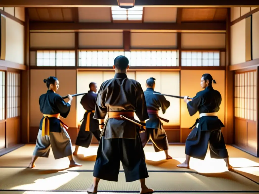 Un dojo japonés tradicional con practicantes de ninjutsu, armas y un sensei