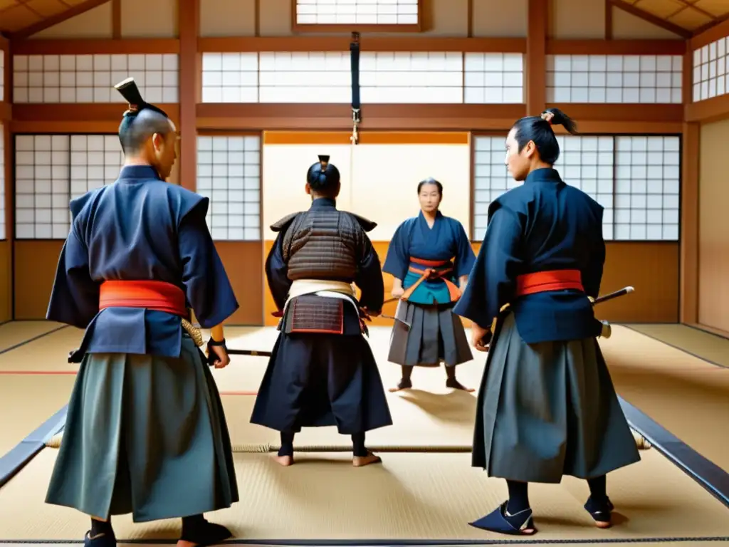 Un dojo japonés tradicional con practicantes de kendo inmersos en una sesión dinámica, mostrando la ética y estética del Kendo