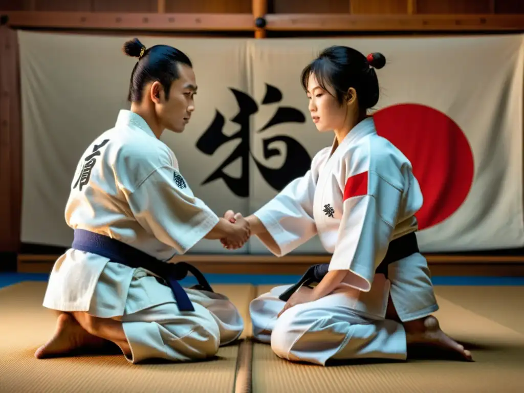 Un dojo japonés tradicional con practicantes de judo en uniformes blancos, demostrando técnicas precisas y enfoque disciplinado