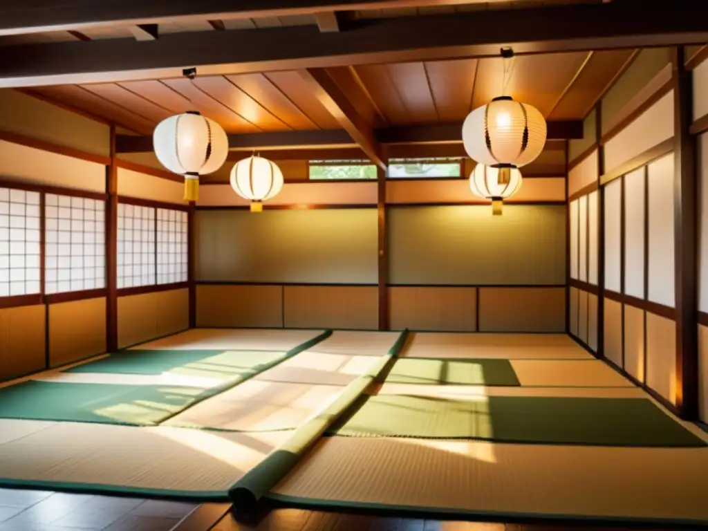 Un dojo japonés tradicional con practicantes de Aikijujutsu, demostrando técnica samurai en un ambiente histórico y disciplinado